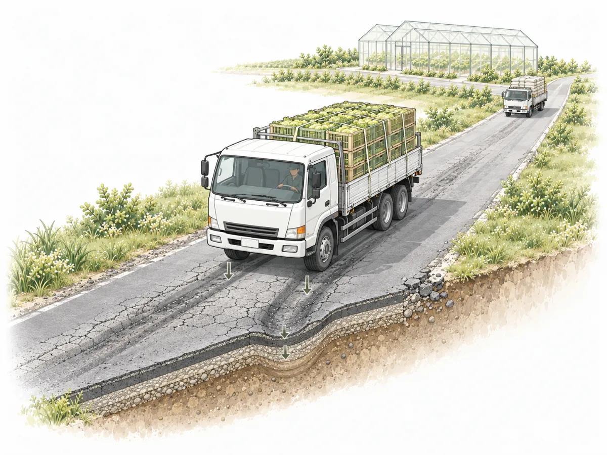 重載貨車行經農路造成路面與路基沉陷示意