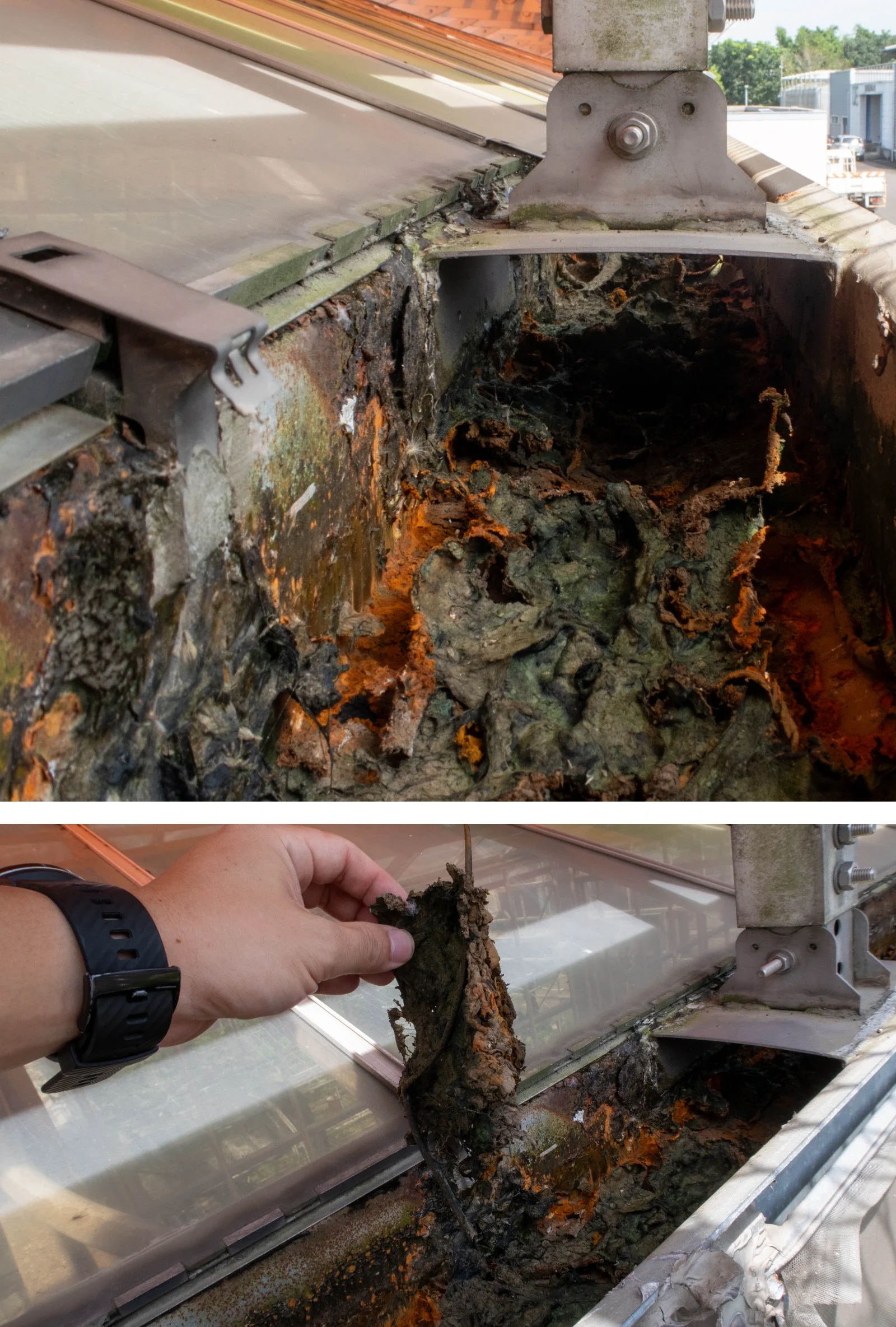 淤積天溝的實況——上為積滿腐葉與淤泥、幾乎堵死的集水槽，下為從溝內清出的整片污泥。這樣的天溝一遇暴雨就溢流、漏水，還會加速鏽蝕；梅雨與颱風季前的清淤，遠比事後搶修便宜。
