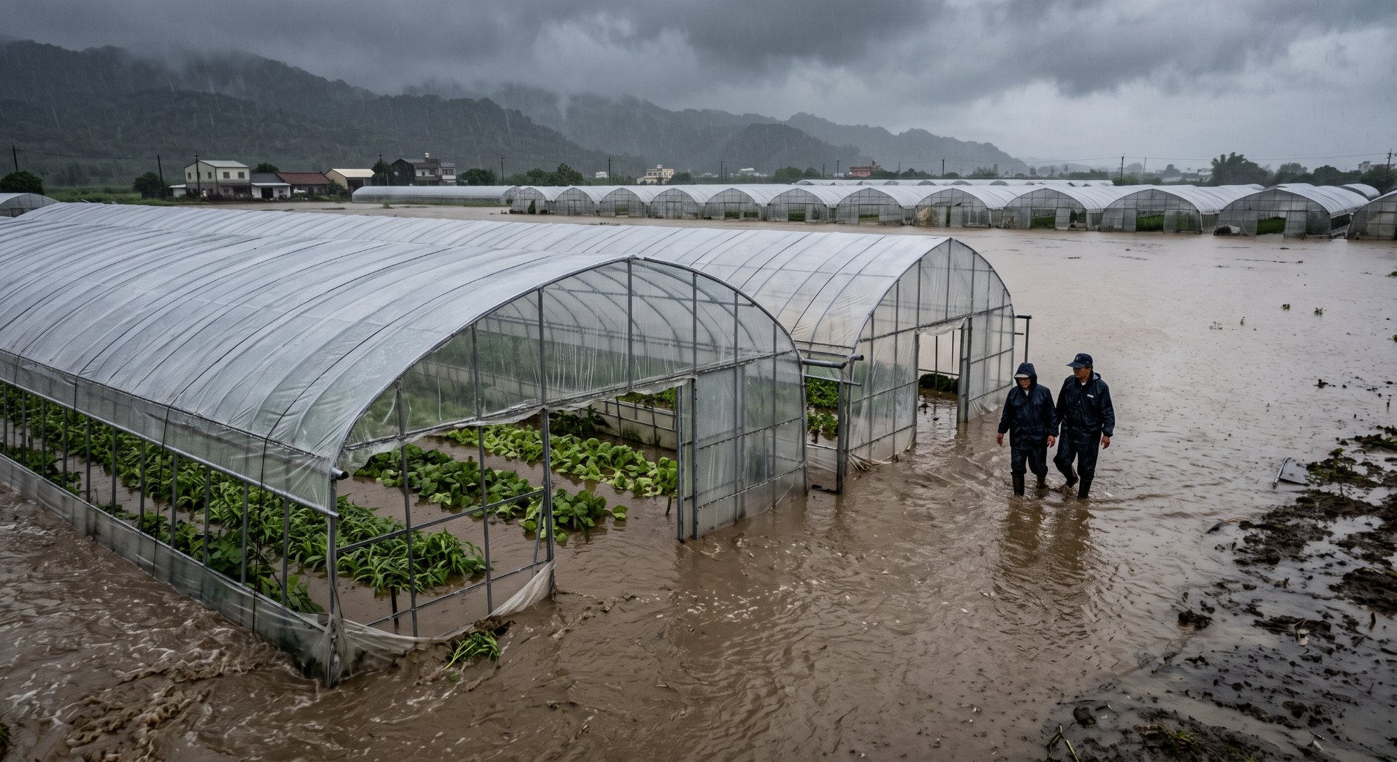 豪雨中被泥水包圍的連棟塑膠布溫室