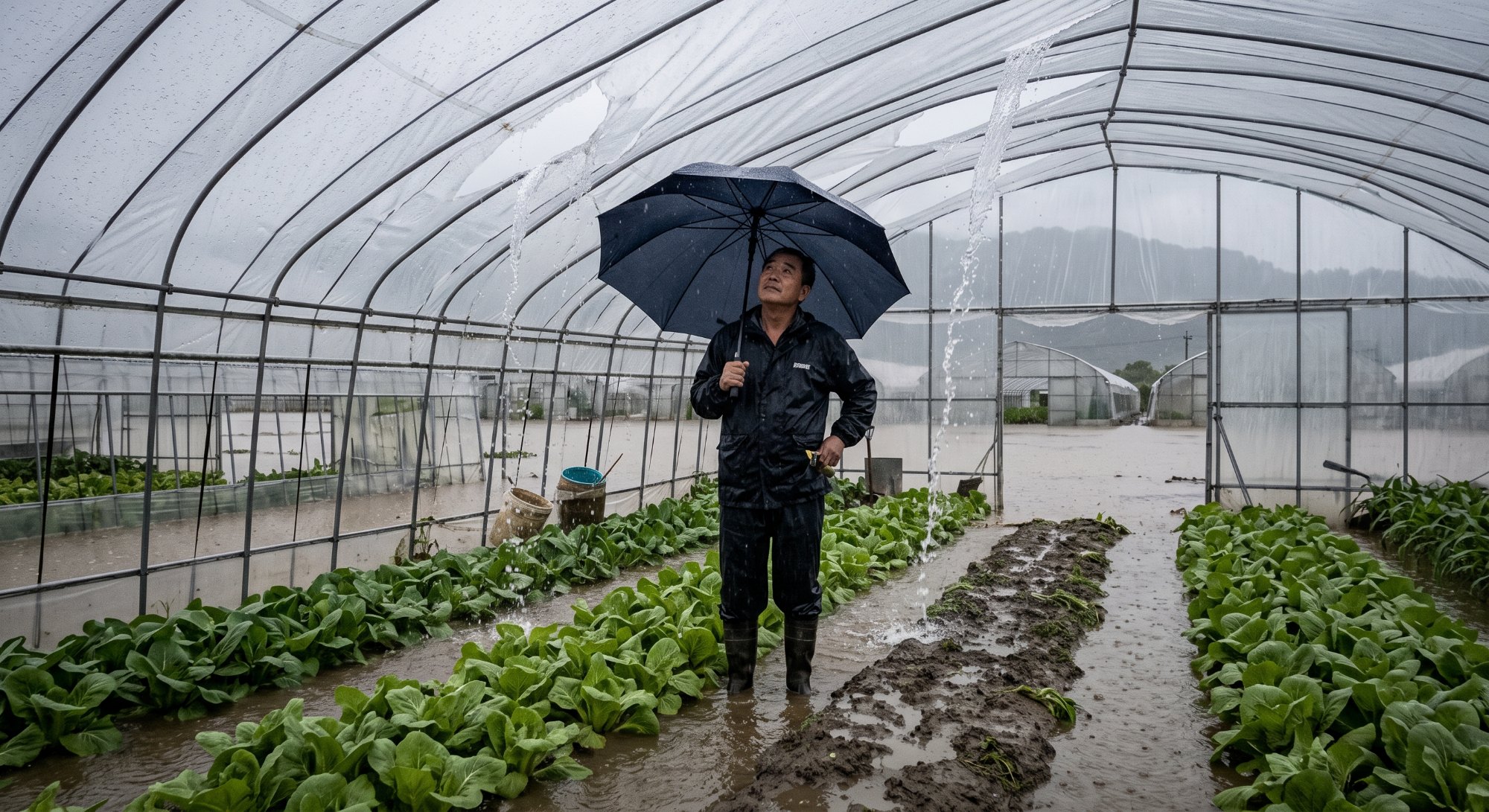 豪雨中的塑膠布溫室室內:屋面破口漏水、地面積水未退