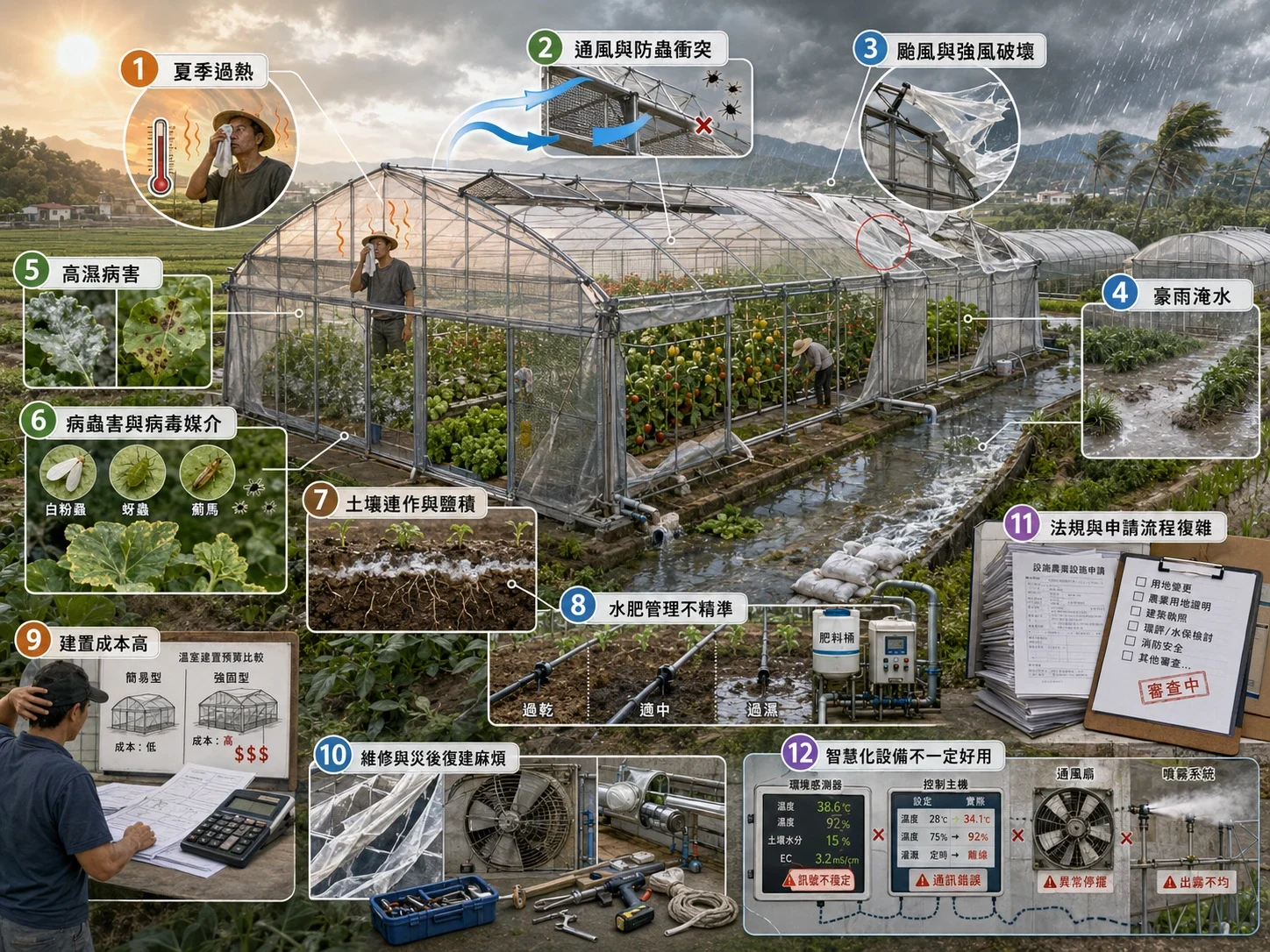 台灣溫室現場最常見的十二個痛點一覽：從夏季過熱、通風與防蟲衝突、颱風豪雨，到水肥、成本、法規與智慧設備——它們彼此牽制，很少能單靠一台設備解決。