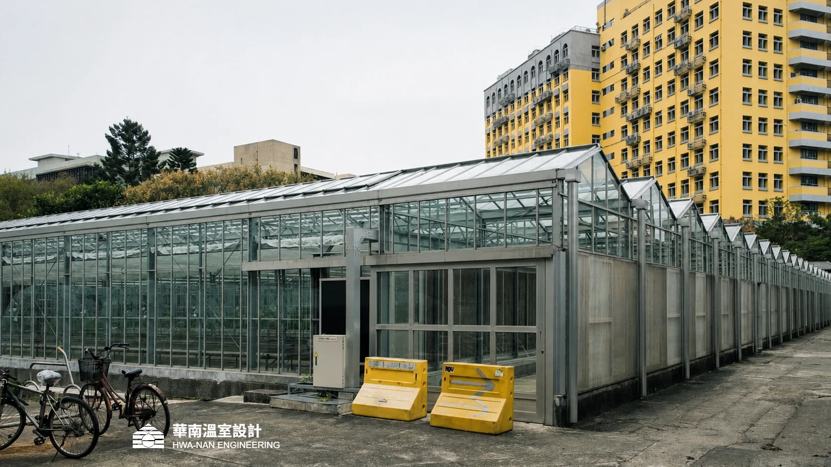 國立臺灣大學精密溫室外觀:多連棟玻璃溫室,屋脊設開窗,後方為校園建築